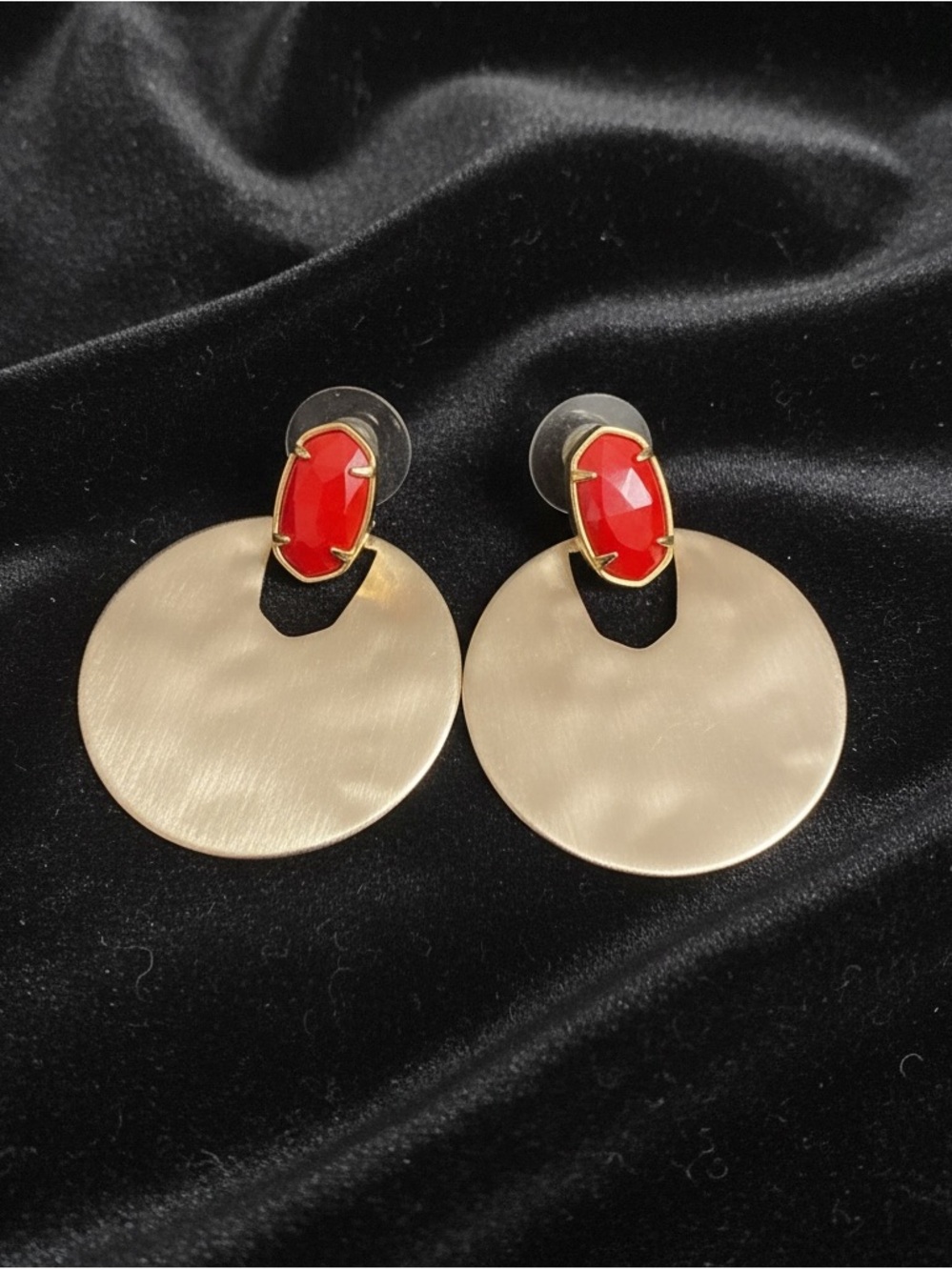 Kendra Scott Gold Disc Earrings with Red Stones